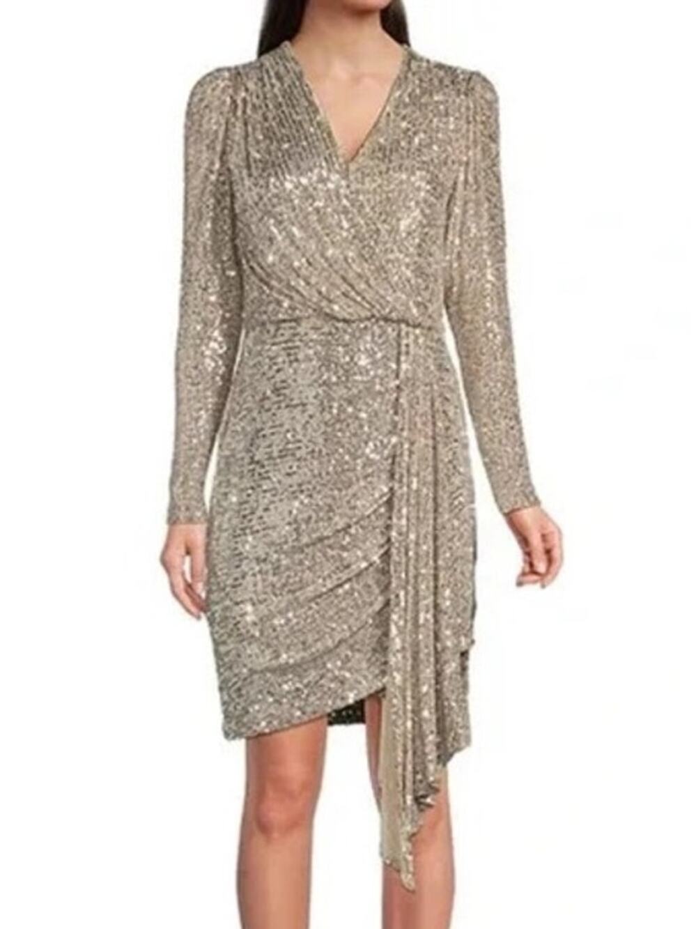 NWT Alex Marie Sequin Wrap Drape Cocktail Dress Size 4 Silver Glam Event Disco